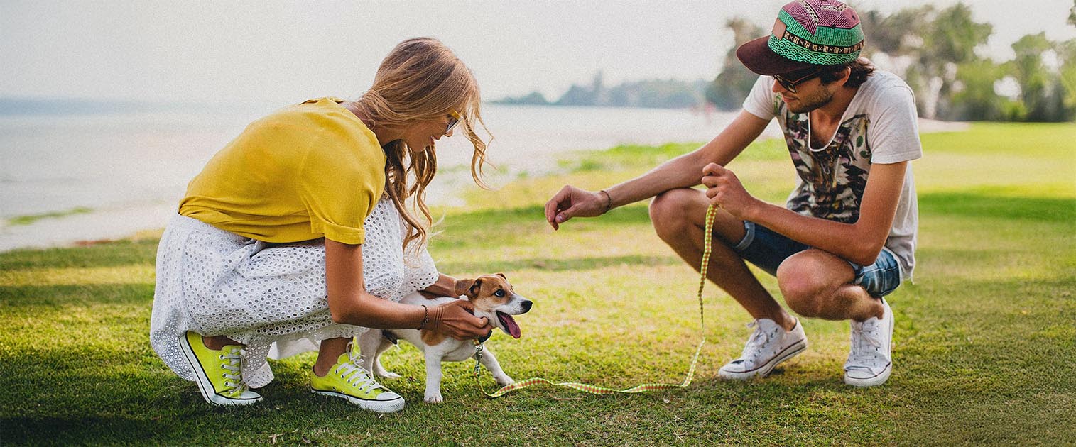 dos personas jugando junto a un cachorro